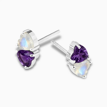 925 Sterling Silver Heart Amethyst & Moonstone Toi et Moi Stud Earrings - Duality Side View