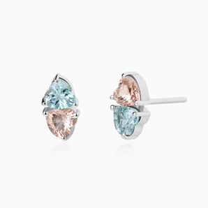 925 Sterling Silver Heart Aquamarine & Morganite Toi et Moi Stud Earrings - Duality Front View