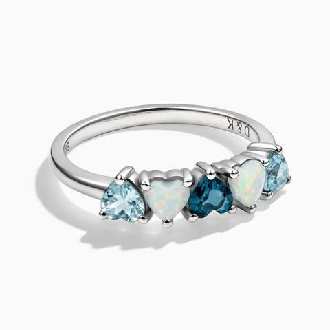 925 Sterling Silver Heart Aquamarine & Opal Arc Ring - Crescent Line Front View