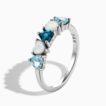 925 Sterling Silver Heart Aquamarine & Opal Arc Ring - Crescent Line Side View
