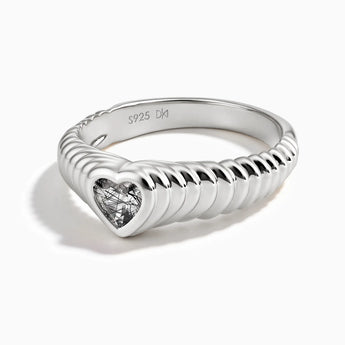 925 Sterling Silver Heart Black Rutilated Quartz Fluted Ring - Coeur Fold Front View