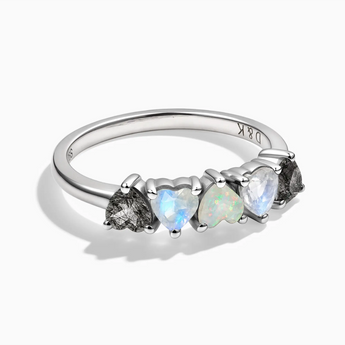 925 Sterling Silver Heart Black Rutilated Quartz & Moonstone Arc Ring - Crescent Line Front View