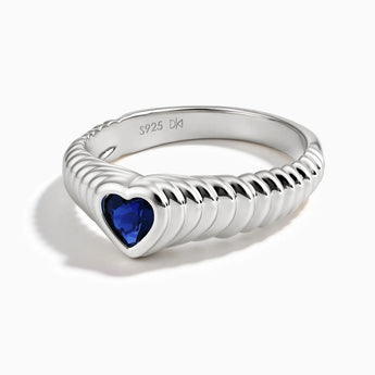 925 Sterling Silver Heart Blue Sapphire Fluted Ring - Coeur Fold Front View