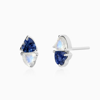 925 Sterling Silver Heart Blue Sapphire & Moonstone Toi et Moi Stud Earrings - Duality Front View