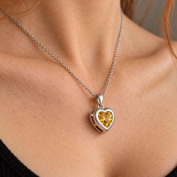 925 Sterling Silver Heart Citrine Bezel Necklace - Love Shelter Neck View