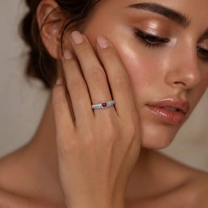 925 Sterling Silver Heart Garnet Fluted Ring - Coeur Fold Model Shot