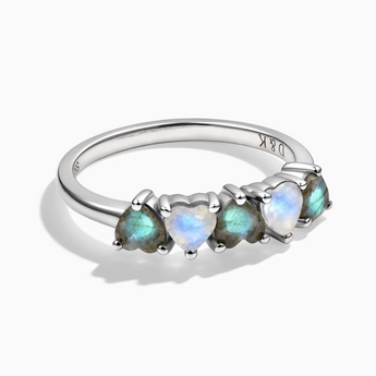 925 Sterling Silver Heart Labradorite & Moonstone Arc Ring - Crescent Line Front View
