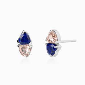 925 Sterling Silver Heart Lapis Lazuli & Morganite Toi et Moi Stud Earrings - Duality Front View