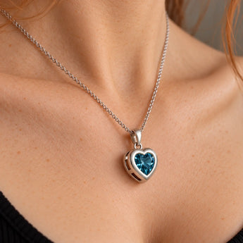 925 Sterling Silver Heart London Blue Topaz Bezel Necklace - Love Shelter Neck View