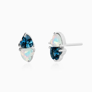 925 Sterling Silver Heart London Blue Topaz & Opal Toi et Moi Stud Earrings - Duality Front View