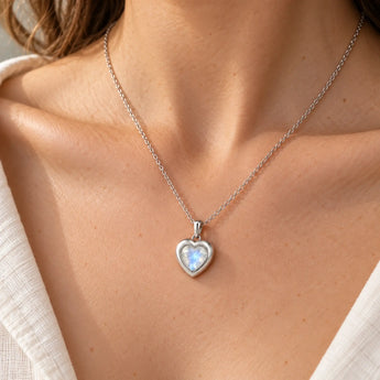 925 Sterling Silver Heart Moonstone Bezel Necklace - Love Shelter Neck View