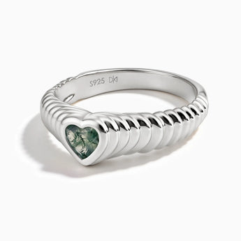 925 Sterling Silver Heart Moss Agate Fluted Ring - Coeur Fold Front View