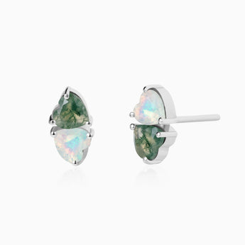 925 Sterling Silver Heart Moss Agate & Opal Toi et Moi Stud Earrings - Duality Front View