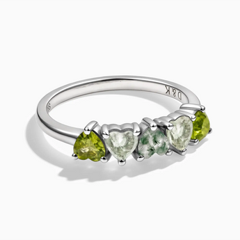 925 Sterling Silver Heart Moss Agate & Peridot Arc Ring - Crescent Line Front View