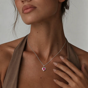 925 Sterling Silver Heart Pink Tourmaline Bezel Necklace - Love Shelter Worn View