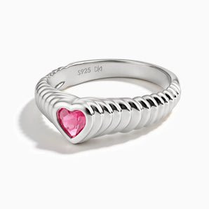 925 Sterling Silver Heart Pink Tourmaline Fluted Ring - Coeur Fold Front View