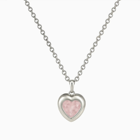 925 Sterling Silver Heart Rose Quartz Bezel Necklace - Love Shelter Front View