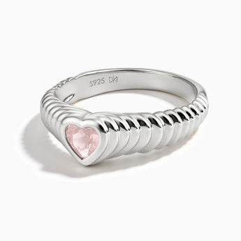 925 Sterling Silver Heart Rose Quartz Fluted Ring - Coeur Fold Front View