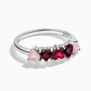 925 Sterling Silver Heart Rose Quartz & Ruby Gradient Arc Ring - Crescent Line Front View