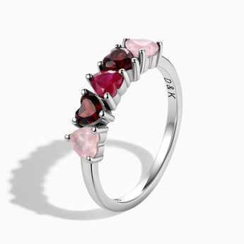 925 Sterling Silver Heart Rose Quartz & Ruby Gradient Arc Ring - Crescent Line Side View