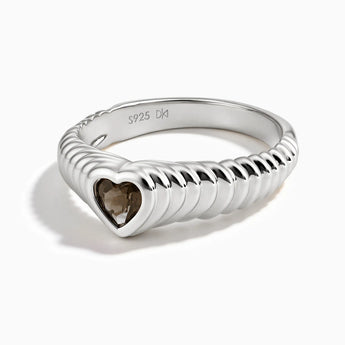 925 Sterling Silver Heart Smoky Quartz Fluted Ring - Coeur Fold Front View