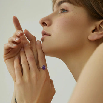 925 Sterling Silver Irregular Amethyst Ring - Raw Aura Worn View