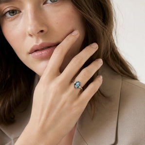 925 Sterling Silver Irregular Labradorite Ring - Raw Aura Worn View