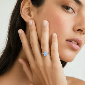 925 Sterling Silver Irregular Moonstone Ring - Raw Aura Worn View