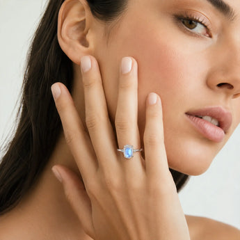 925 Sterling Silver Irregular Moonstone Ring - Raw Aura Worn View