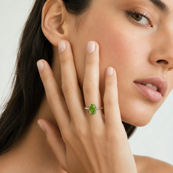 925 Sterling Silver Irregular Peridot Ring - Raw Aura Worn View