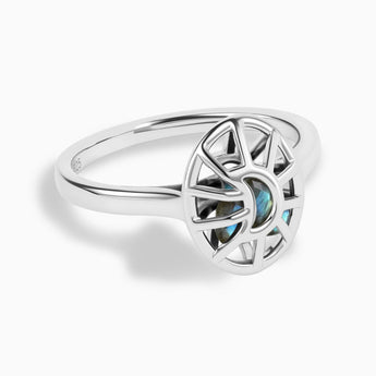 925 Sterling Silver Labradorite Crescent Moon Hollow Oval Shaker Ring - Soul Cage Angled Front View