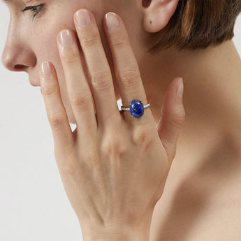 925 Sterling Silver Lapis Lazuli Cabochon Ring - Minimal Spiritual Model Shot