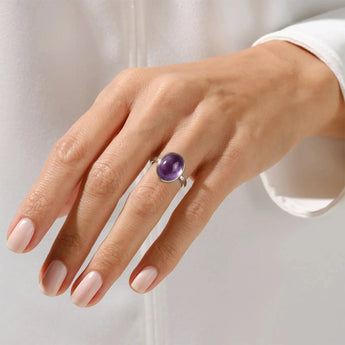 925 Sterling Silver Large Cabochon Amethyst Ring - Bold Serenity Worn View