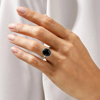 925 Sterling Silver Large Cabochon Black Onyx Ring - Bold Serenity Worn View
