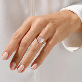 925 Sterling Silver Large Cabochon Rose Quartz Ring - Bold Serenity Worn View