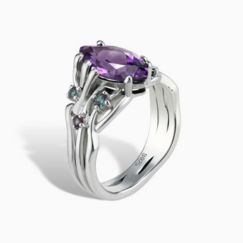 925 Sterling Silver Marquise Amethyst Alexandrite Branch-Like Ring - Regal Gleam Side View
