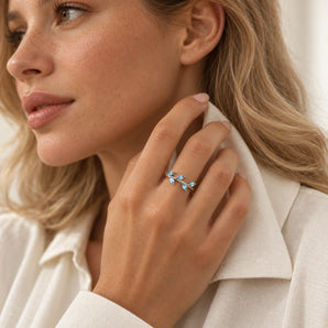 925 Sterling Silver Marquise Aquamarine Leaf Ring - Secret Garden Model Shot