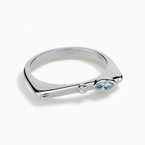 925 Sterling Silver Marquise Aquamarine Puzzle Stacking Ring - Minimal Glow Front View