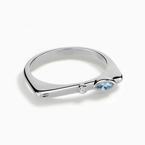 925 Sterling Silver Marquise Aquamarine Puzzle Stacking Ring - Minimal Glow Front View