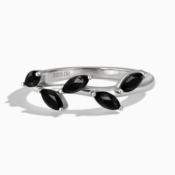 925 Sterling Silver Marquise Black Onyx Leaf Ring - Secret Garden Front View