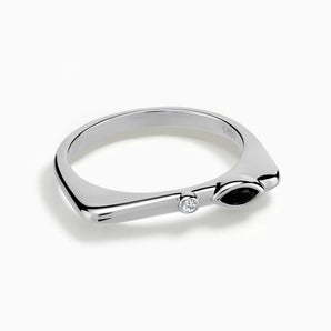 925 Sterling Silver Marquise Black Onyx Puzzle Stacking Ring - Minimal Glow Front View