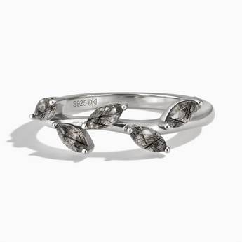 925 Sterling Silver Marquise Black Rutilated Quartz Leaf Ring - Secret Garden Front View