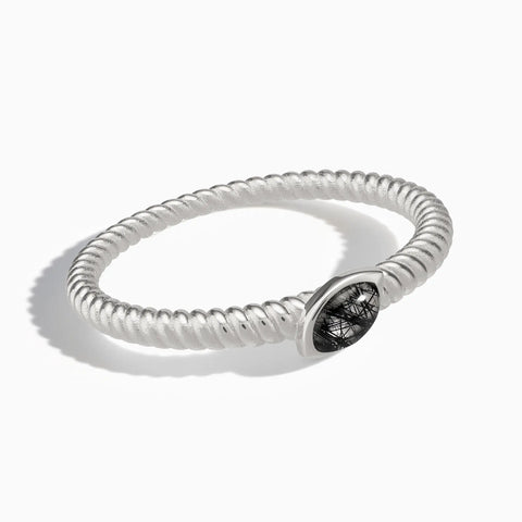 925 Sterling Silver Marquise Black Rutilated Quartz Twisted Ring - Spiral Spectrum Front View