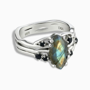 925 Sterling Silver Marquise Labradorite Black Onyx Branch-Like Ring - Regal Gleam Front View