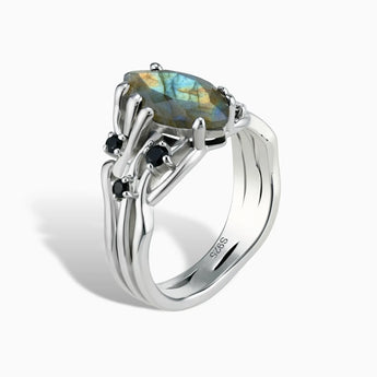 925 Sterling Silver Marquise Labradorite Black Onyx Branch-Like Ring - Regal Gleam Side View
