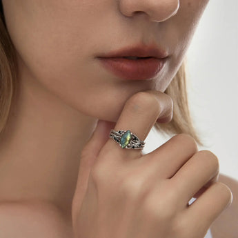925 Sterling Silver Marquise Labradorite Black Onyx Branch-Like Ring - Regal Gleam Worn View
