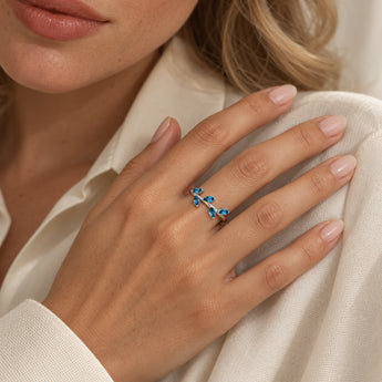 925 Sterling Silver Marquise London Blue Topaz Leaf Ring - Secret Garden Worn View
