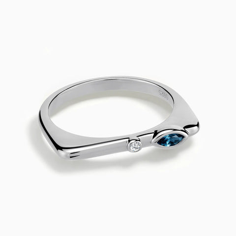 925 Sterling Silver Marquise London Blue Topaz Puzzle Stacking Ring - Minimal Glow Front View