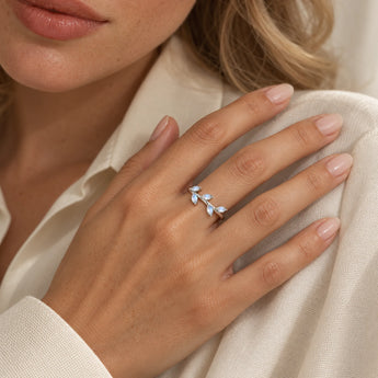 925 Sterling Silver Marquise Moonstone Leaf Ring - Secret Garden Worn View