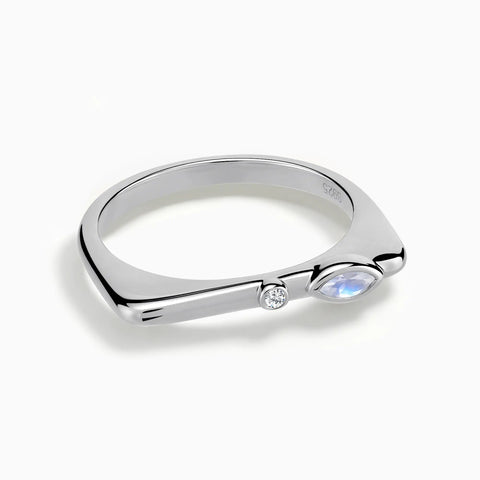 925 Sterling Silver Marquise Moonstone Puzzle Stacking Ring - Minimal Glow Front View